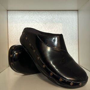 Fitflop Shiny Black Mules with Gold Accents